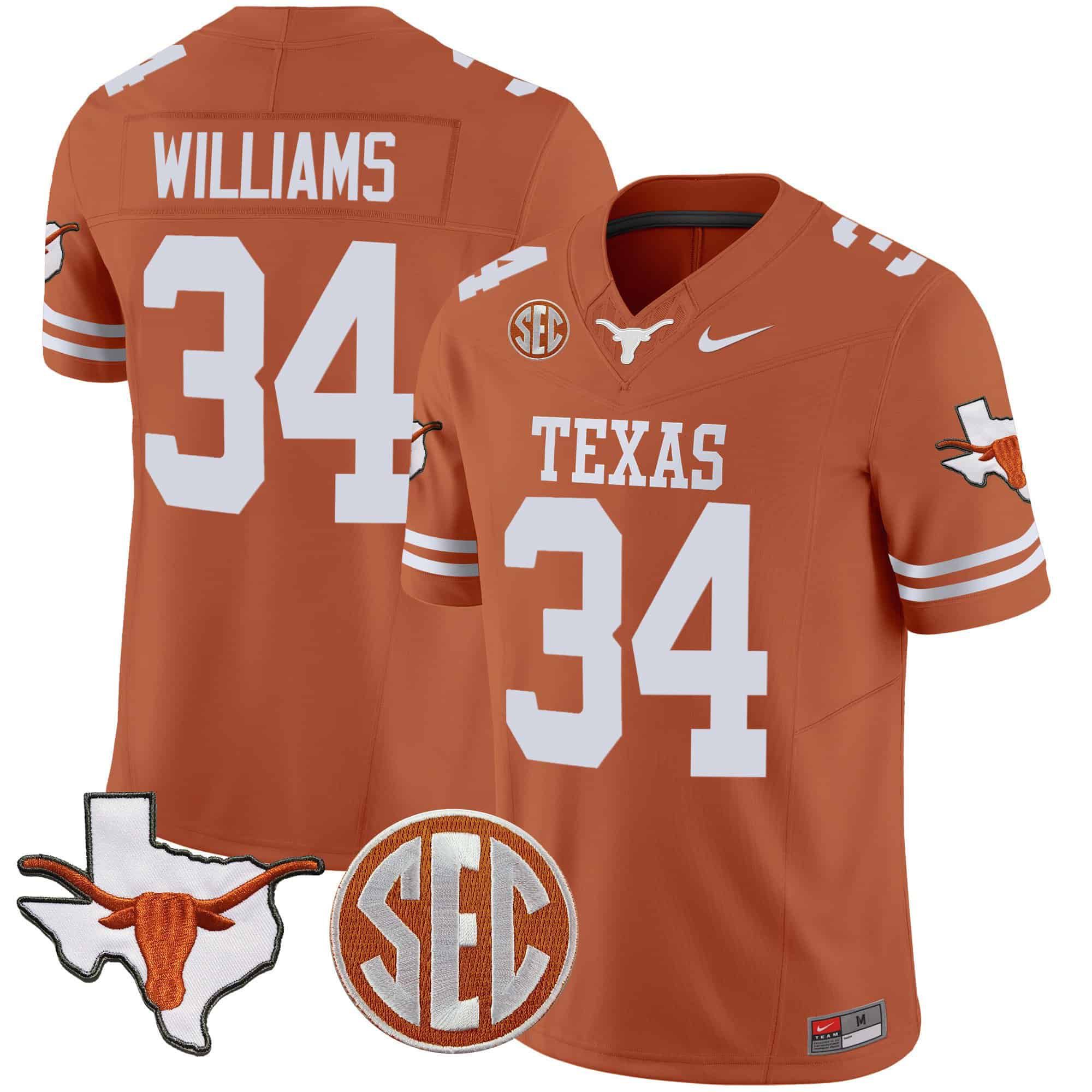 Men Texas Longhorns #34 Williams Orange 2024 Nike State Map & SEC Patch Vapor NCAA Jersey style 1->indianapolis colts->NFL Jersey